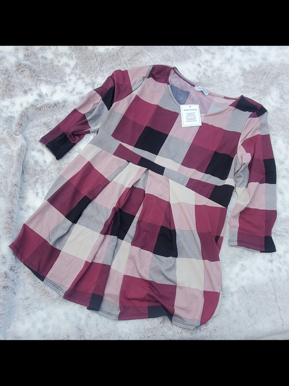 LaClef Maternity Plaid Top in Burgundy and Black